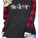 Plus Size Merry Christmas Baseball T-Shirt Women Long Sleeve Holiday Xmas Splicing Tee Tops XL