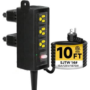 Outdoor Extension Cord, 6 Wide Outlets, 1875W/15A, 10FT 14AWG Heavy Duty SJTW Power Strip with Surge Protector, All-Weather & IP66 Fully Waterproof, Ideal for Patio, Garden, Pool, RV, Black