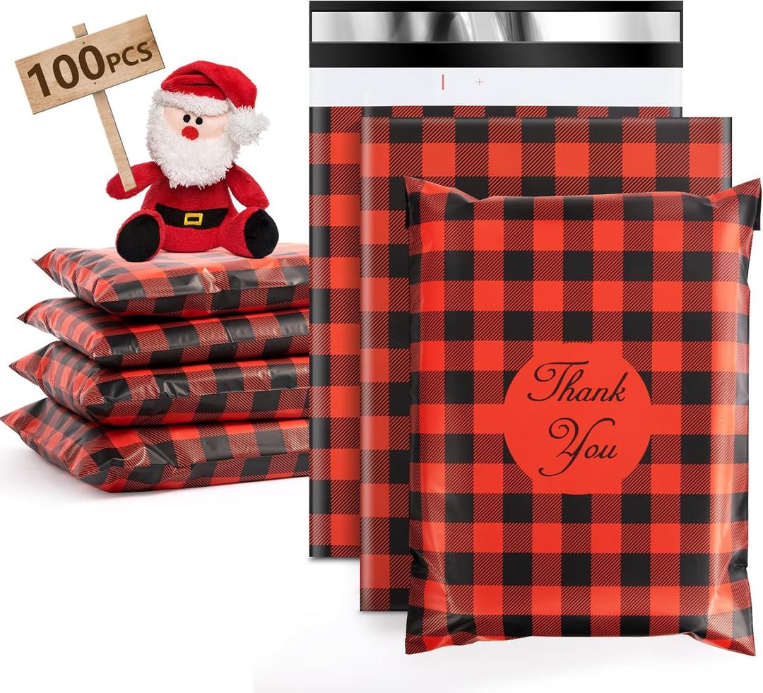 Oududianzi Christmas Poly Mailers 10x13, 100PCS Plastic Shipping Bags, Mailers Poly Bags for Shipping, Self-Seal Mailing Bags, Holiday Polymailers Packaging Bags for Small Business and Clothes (Red Plaid)