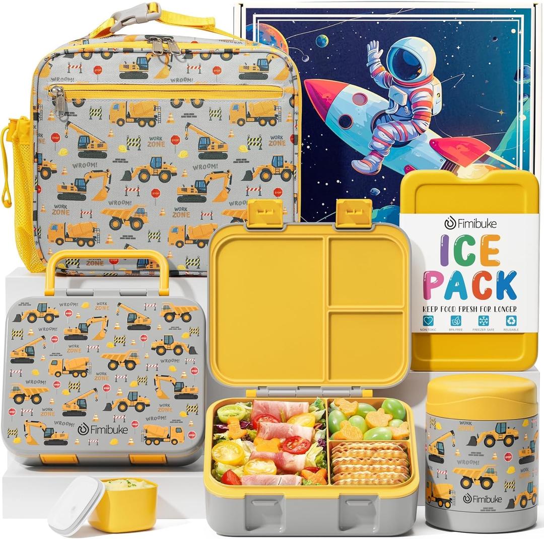 Fimibuke Bento Lunch Box for Kids, 3-Compartment 32OZ Snack Lunch Container, Lunch Bag, 12OZ Insulated Food Jar & Ice Pack Set for Age 3-12 School Daycare Toddler Teen Girls Boys, Trucks (Engineering cars)