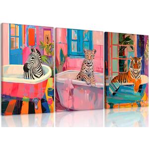 Framed Funky Bathroom Animal Wall Art set of 3, Tiger Leopard Zebra in Bathtub pictures Wall Decor, Pink Kitsch Aesthetic Animal Eclectic Posters Print Artwork for Restroom Bathroom (L12''W16'', Canvas)