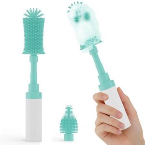 ZTX Push-to-Foam Silicone Bottle Brush Set - One-Press Rich Foam for Baby Bottles, Breast Pump Parts & Nipples - with Detachable Nipple Brush & Portable Travel Storage Bag, Blue