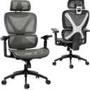 GABRYLLY Ergonomic Office Chair, Big and Tall Mesh Chair with Lumbar Support, 3D armrest - 215 Rotation, Adjustable Headrest & Soft Seat, Durable Desk Chair 350LBS for Work Gaming Computer, Grey