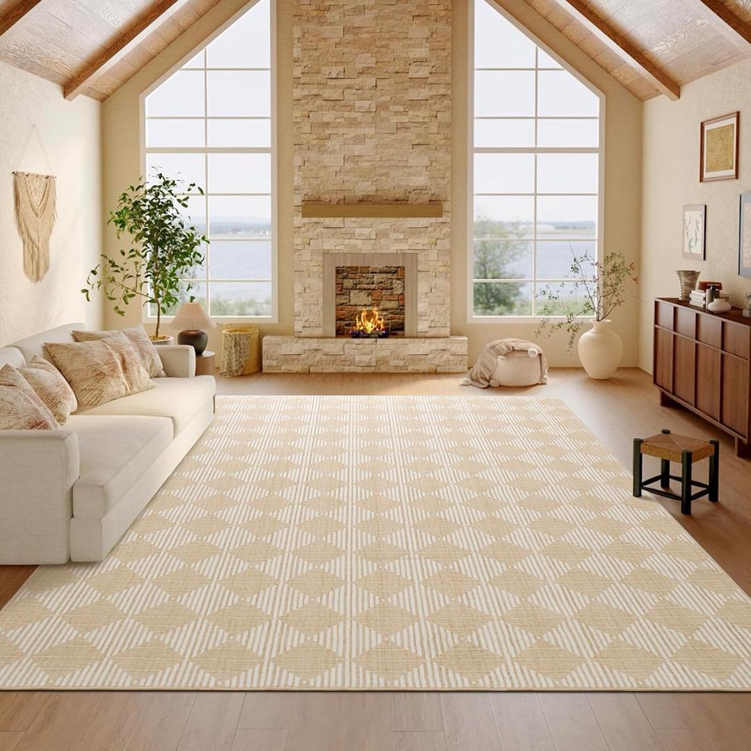 Washable Rug 8x10 – Soft Textured Area Rug with Non-Slip Backing, Modern Luxury Checkered Design, Machine Washable Carpet Perfect for Living Room, Bedroom, and Dining Room, Beige