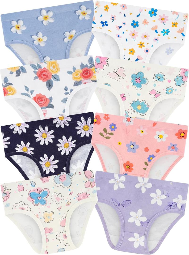 Girls' Underwear,Soft Cotton Tagless Panties for Toddlers' & Little Kids' Comfort,Breathable Briefs,8-Pack (3T, Flowers-leaves-butterfly-heart-white-pink-black)