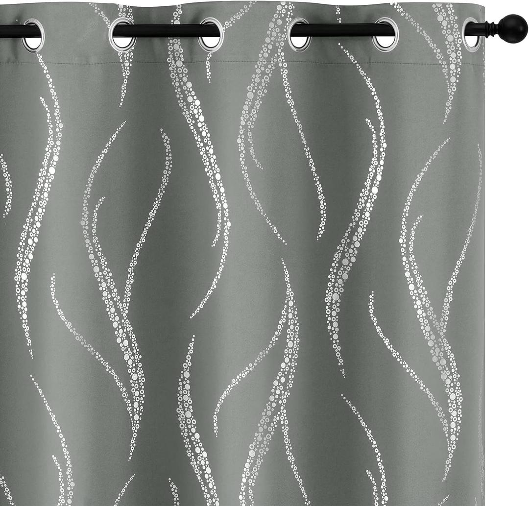 Yakamok Blackout Curtains 84 inch Length Living Room Thermal Insulated Silver Wave Line Dots Pattern Curtains Room Darkening Grommet Curtains for Bedroom, Grey, W52 x L84-inch, 2 Panels