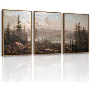 VIYYIEA Large Framed Canvas Wall Art, 3 Pcs, Living Room Vintage Landscape Decor, Nature Wall Art Bedroom Above Bed Decor, Country Retro Pictures, 16x24inch, Set of 3, 24L" x 16W" x 3
