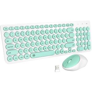 FD Wireless Keyboard and Mouse Combo - 2.4GHz USB Cordless, Cute Round Keys, Quiet and Slim Set for Laptop, Computer, TV, and Mac - Mint Green & White