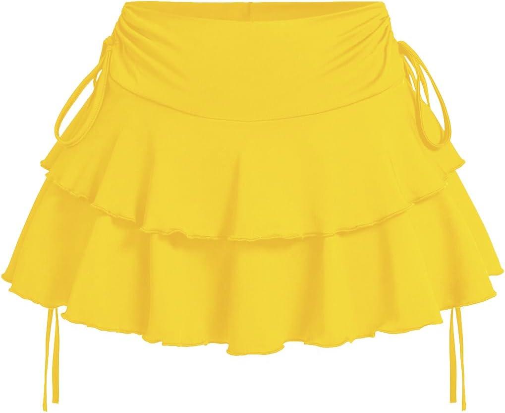 RoseSeek Women's Drawstring Bow Side Mini Skirts Tiered Layer Ruffle Elastic Waist Y2K Coquette Short Skirts (L)