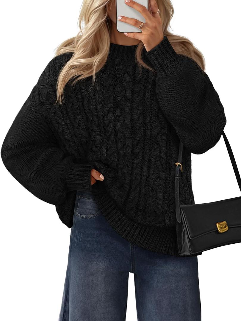 MEROKEETY Womens Fall Cable Knit Sweaters 2025 Long Lantern Sleeve Crewneck Chunky Loose Pullover Tops Winter Clothes (Black, S)