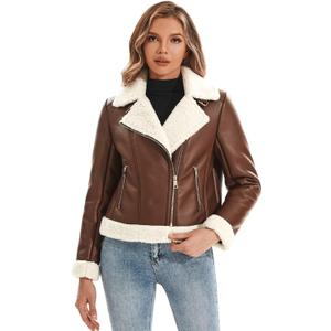 Women's Faux Shearing Moto Jacket Thick Fur Lined Coat Sherpa Leather Jacket (104 Brown) s
