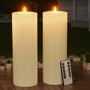 12" x 4" Large Outdoor Candles with Timer Waterproof Flickering LED Flameless Candles Battery Operated with Remote Fake Pillar Candles Realistic for Patio Porch Lanterns, Ivory 2 Pack