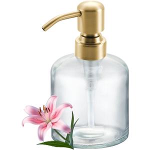 Qeemee Clear Glass Soap Dispenser, 11 Oz Boston Round Bottle Dispenser with Stainless Steel Pump, Refillable Kitchen & Bathroom Countertop Dish Soap Dispenser, Brushed Gold