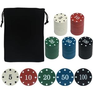 100PCS Poker Chip Set with Portable Storage Bag Professional Grade Casino Style 5 Colours for Texas Holdem Blackjack Poker Night Party (Large Denomination)