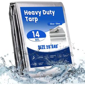 Heavy Duty tarps, 14 Mil Sliver Thick Waterproof Poly Tarp for Outdoor Camping Pool Car Tent, Rip and Tear Proof Tarpaulin with Grommets and Reinforced Edges (20'X40')