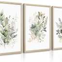 Watercolor Botanical Wall Art Set of 3 Boho Floral Canvas Wall Decor Prints Sage Green Wildflower Wall Art Modern Flower Pictures Botanical Painting for Bedroom Bathroom 12x16 Inch Wood Framed