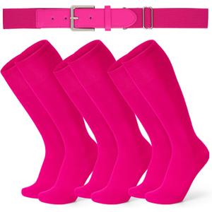XZQTIVE 3 Pairs of Baseball Socks and 1 Baseball Belt Combo Set Adjustable Softball Belt and Softball Socks for Youth Adult (Medium, Hot Pink)