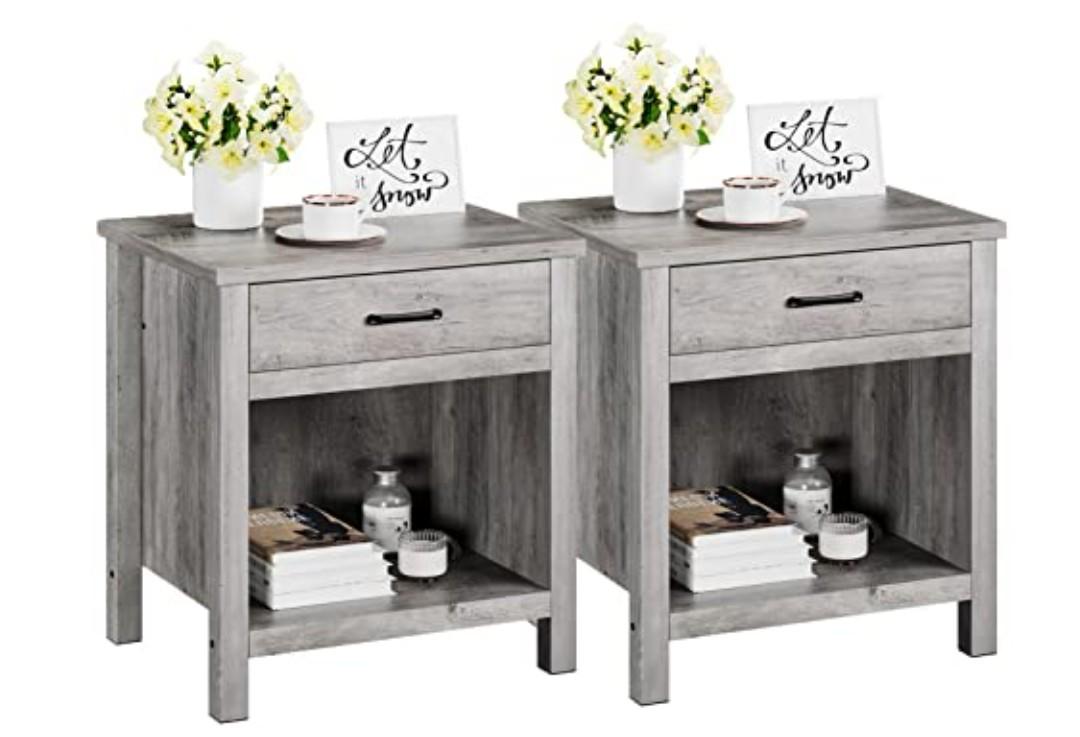 GAOMON Farmhouse Square Nightstand with Storage Drawer and Shelf Wood End Table Beside Table Nightstands for Bedroom Nursery Living Room Grey