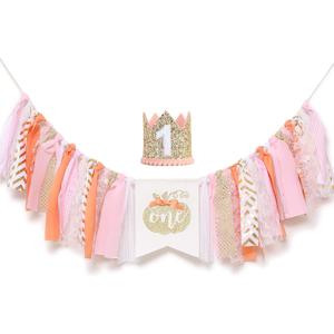Pumpkin Banner for 1st Birthday - Highchair Banner for First Birthday Theme Decoration, Cake Smash Photo Prop, Pumpkin crown hat, Fabric Rag Garland Banner.