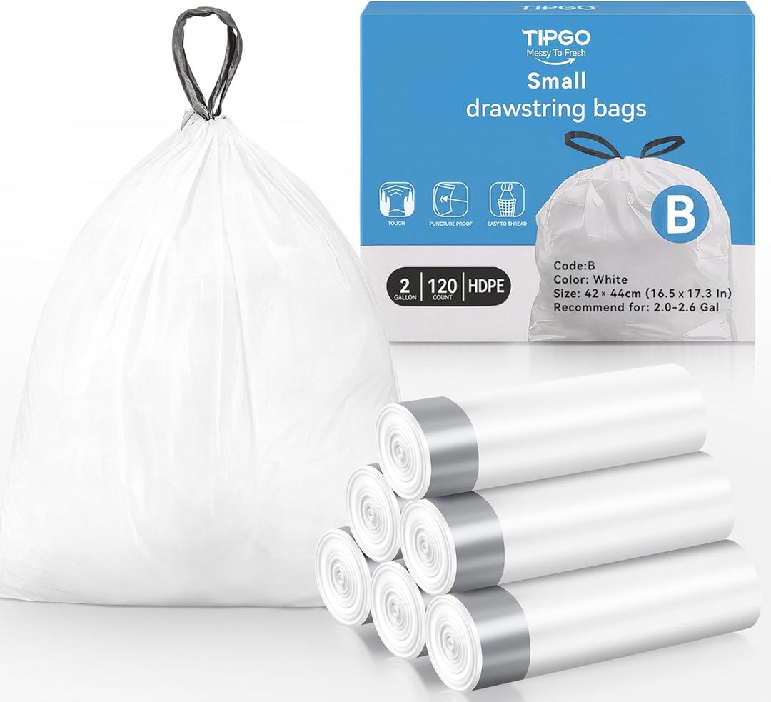 TIPGO Small Trash Bags Drawstring 2 Gallon, Pre-Cut Mini Garbage Bags for 2.0-2.6 Gallon Trash Bins, 120 Count (Code B)