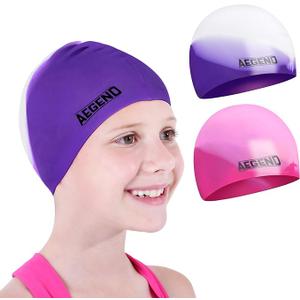 Aegend 2 Pack Kids Swim Cap for Girls Boys Age 3-15, Waterproof Durable Silicone Swimming Cap for Long or Short Hair, Comfortable Fit for Youths