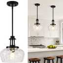 Modern Pendant Lights Kitchen Island, Matte Black Pendant Light Fixtures with 10" Clear Hammered Glass Shade, Industrial Hanging Pendant Lights Fixture for Kitchen Island Dining Room Bedroom Entryway