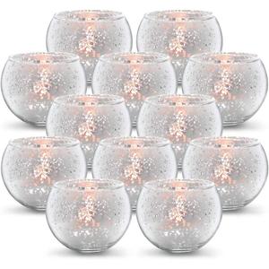 Volens Round Silver Votive Candle Holders, Mercury Glass Tealight Candle Holder Set of 12