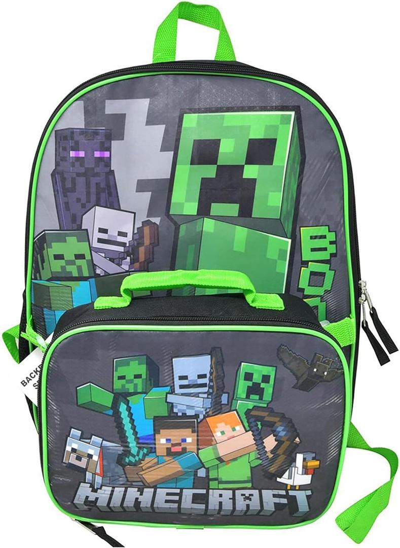 Minecraft Creeper 16 Inch Kids Backpack with Lunch Bag