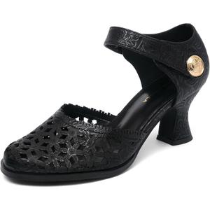 NEWBELLA Womens Mary Janes Vintage Pumps with Adjustable Ankle Strap & Embossed Cutou Design, Comfortable Flared Heels for Casual & Dressy, Size 9
