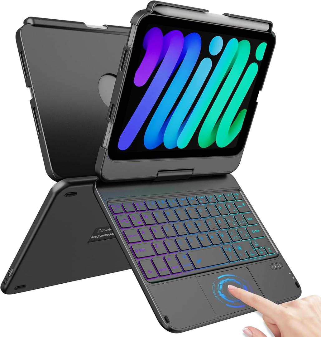 FUWANG Keyboard Case for iPad mini 7 A17 Pro (2024) & iPad mini 6th Generation (2021) 8.3-inch, 360 Swivel, Multi-Touch Trackpad, 7-Color Backlit, Keyboard Cover with Pencil Holder, Black