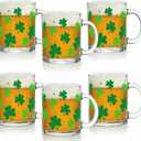 Maxcheck 6 Pack 12 oz St. Patrick's Day Shamrock Coffee Mugs Glass Cups Green Clover Gifts Bulk Clear Drinking Wine Glasses with Handle for Irish Party Supplies Decorations