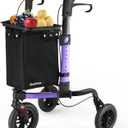 Ambliss Rollator Walkers with Seat for Seniors, 8" Wheels, 300lb. Weight Capacity, All Terrain Lightweight Walkers for Seniors with Backrest, Height Adjustable Foldable Walker (Purple-3Wheel)