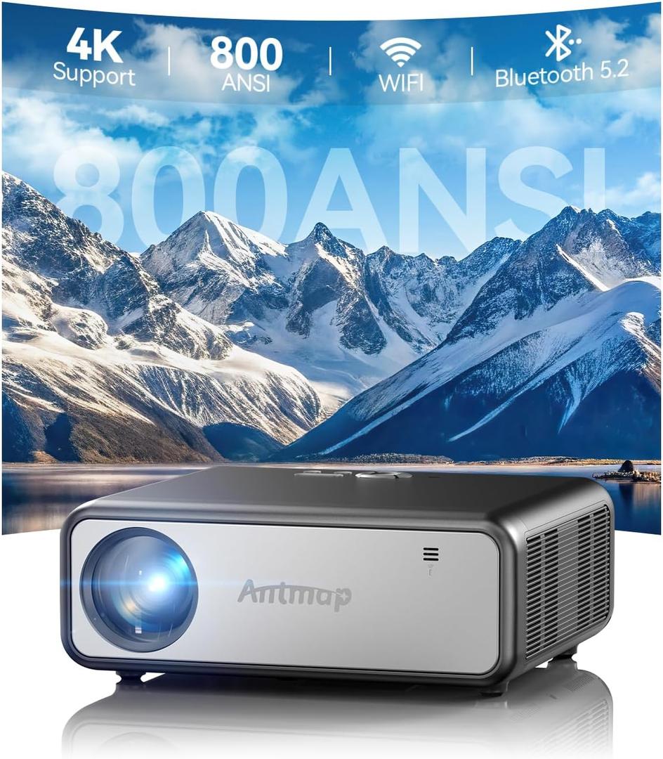 800 ANSI 4K Decoding Projector with WiFi and Bluetooth, Antmap Movie Projector with 5W Immersive Speaker, 300'' Display for Indoor/Outdoor, Home Theater Proyector for phone/Tablet/Laptop/PS5