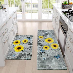 Likiyol Sunflower Kitchen Rugs Sets of 2 Kitchen Mats for Floor Anti Fatigue Mats for Kitchen Floor, Spring Kitchen Rugs Non Slip was Washable, Floral Standing Floor Mats, 18''x30''+18''x48'' (Gray)