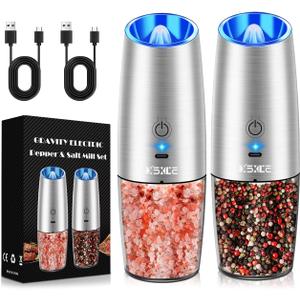 Sweet Alice Rechargeable Electric Pepper and Salt Grinder Set, No Battery Needed, whit Gravity Sensing Switch and LED Light, One Hand Automatic Operation, Sliver 2 Pack (2.5*2.5*7.9inch)