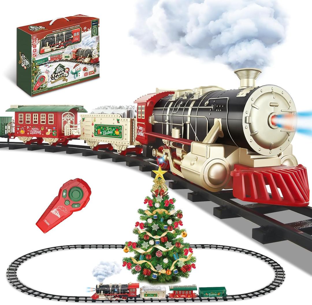 Remote Control Train Set with Steam, Lights and Sounds, Electric Toy Train for Kids Ages 4-8, Christmas Tree Train Set with 4 Cars & 14 Tracks, Year-Round Play and Room Decor