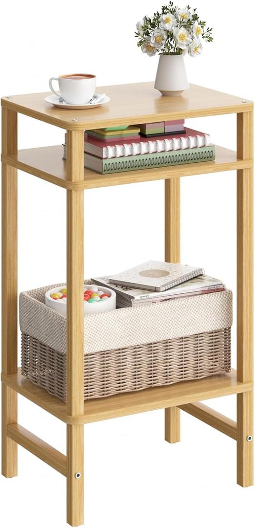28in Tall Bamboo Side Table 3-Tier Small Narrow End Table, Skinny Nightstand for Small Space, Farmhouse Slim Night Stand with Storage for Couch, Wooden Thin Bedside Table, Natural (1 Pack)