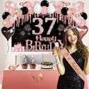 37th Birthday Decorations for Women, 49pcs Black Rose Gold Black Happy 37th Birthday Banner, Tablecloth, Butterfly Decor, Sash and Tiara, Cake Topper, Candles, Balloons Arch