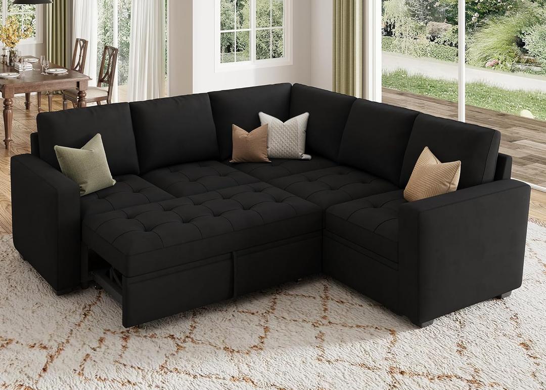 HONBAY Modular Sectional Sleeper Sofa with Pull Out Bed, Velvet Convertible L Shaped Couch with Storage Seat, Sectional Couches for Living Room, Black