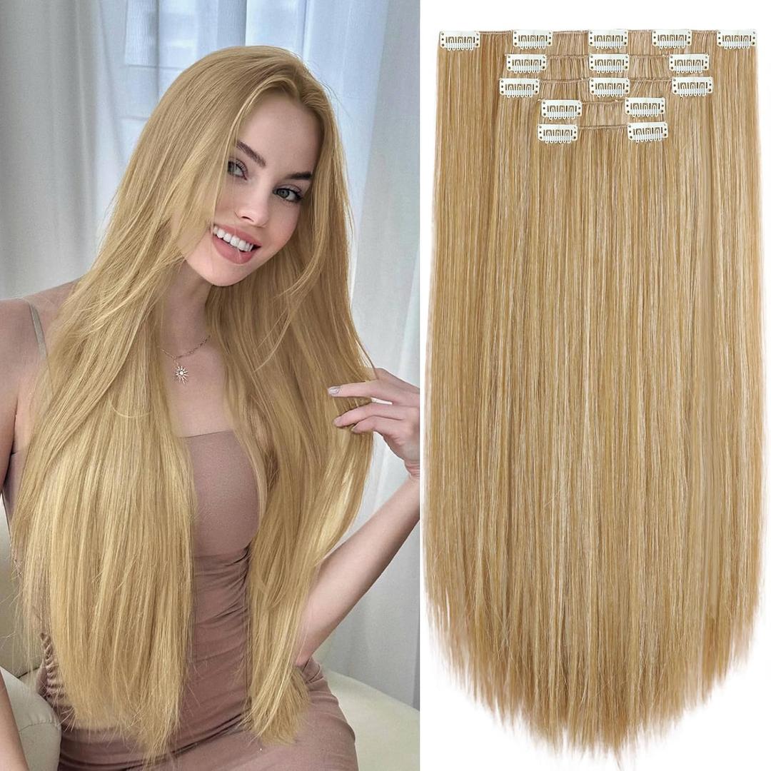 Hair Extensions Clip Ins 26 Inch Long Synthetic Straight Invisible Extension 5PCS Soft and Natural Fake Cheap Clips on Hairpieces for Women Full Head 8.1 Oz Golden Brown Mix Bleach Blonde