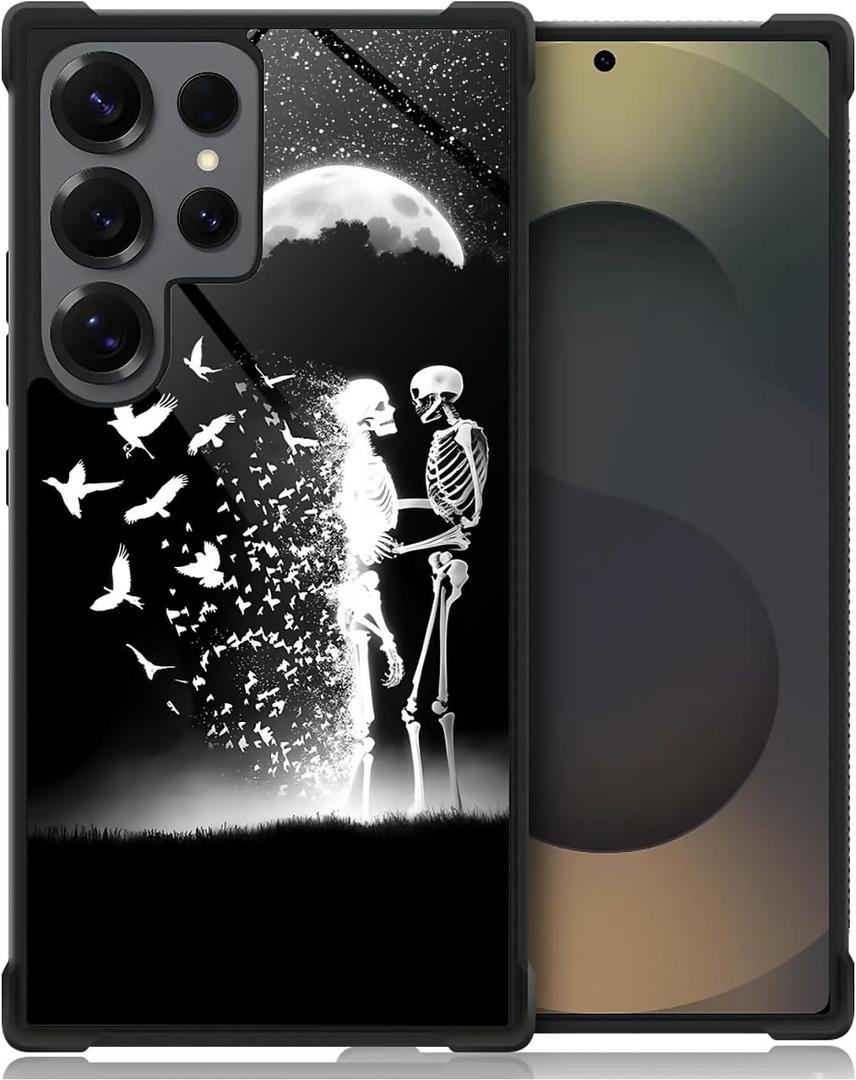 CARLOCA Compatible with Samsung Galaxy S25 Ultra Case,for Girl Fashion Graphic Design Shockproof Anti-Scratch Drop Protection Case for Samsung Galaxy S25 Ultra Black White Skull Moon Bird Cases