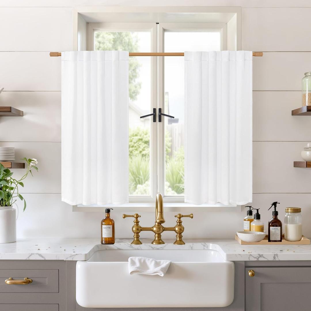 BGment Small White Linen Curtains 36 Inch Length for Cafe Kitchen Window - Half Window Drapes Semi Sheer with Rod Pocket Back Tab Light Filtering for Bathroom, 2 Panels, 29 Inch Wide Each Panel