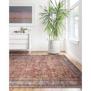 Loloi Layla Collection LAY-01 Brick/Blue 5'-0" x 7'-6" .13" Thick Area Rug, Soft, Durable, Vintage Inspired, Distressed, Low Pile, Non-Shedding, Easy Clean, Printed, Living Room Rug