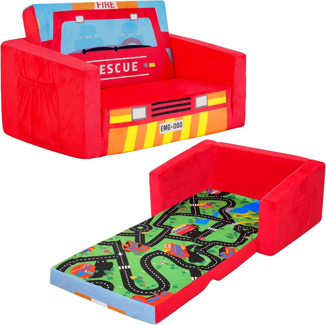 MallBest Kids Sofas Children's Sofa Bed Baby's Upholstered Couch Sleepover Chair Flipout Open Recliner(Red/Fire Truck) (Ages 1-3)