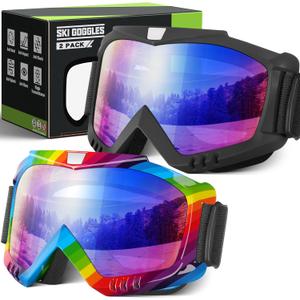 Ski Goggles Men Women, Snowboard Goggles UV Protection Anti Fog OTG Snow Goggles for Snowmobile Skiing Skating (2 PACK, 04. Black Frame Multicolor Lenses/Rainbow Frame Multicolor)