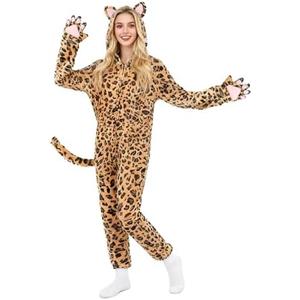 Kicpot Leopard Onesie Costume for Adults Hooded Cheetah Jumpsuit One‑Piece Animal Halloween Cosplay, L