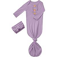 Newborn Baby Knotted Gown, Super Soft Silky Infant Sleeper, Baby Girl Sleep Gown with Mittens, Bow, Clip and Hat Set