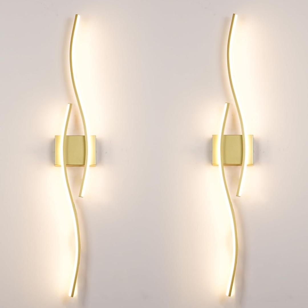 Modern Gold Wall Light Fixture Set of 2, RC Dimmable LED Wall Light Indoor, LED Wall Decor for Hallway Bedroom Living Room TV Wall, Hardwired Wall Sconce with Remote Control, 27.56" in, Timer, Memory