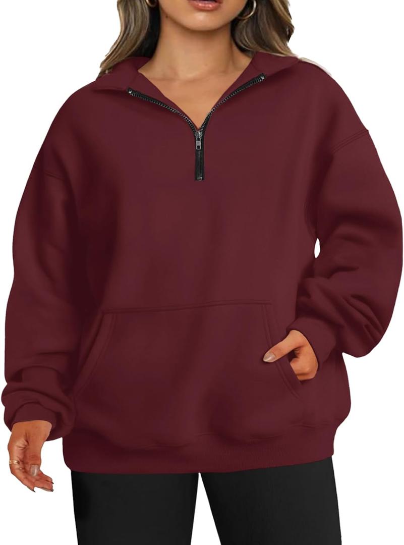 TAKEYAL Plus Size Sweatshirts for Women Pockets Half Zip Pullover Long Sleeve Oversized Drop Shoulder Y2K Clothes (3X, 1-wine Red)
