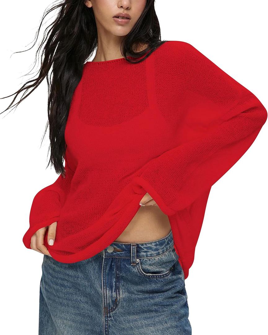 Cioatin Women Oversized Long Sleeve Sheer Mesh Knit Sweater Tops Y2K Summer Loose Hollow Out Pullover Jumper Shirt Beach Red (Red, S)
